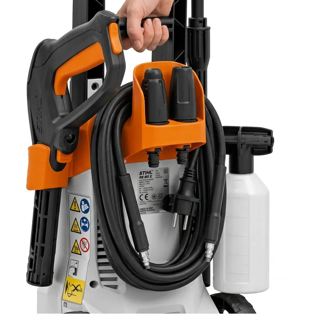 STIHL RE 80 X — kompaktowa konstrukcja z uchwytem i przechowywaniem akcesoriów